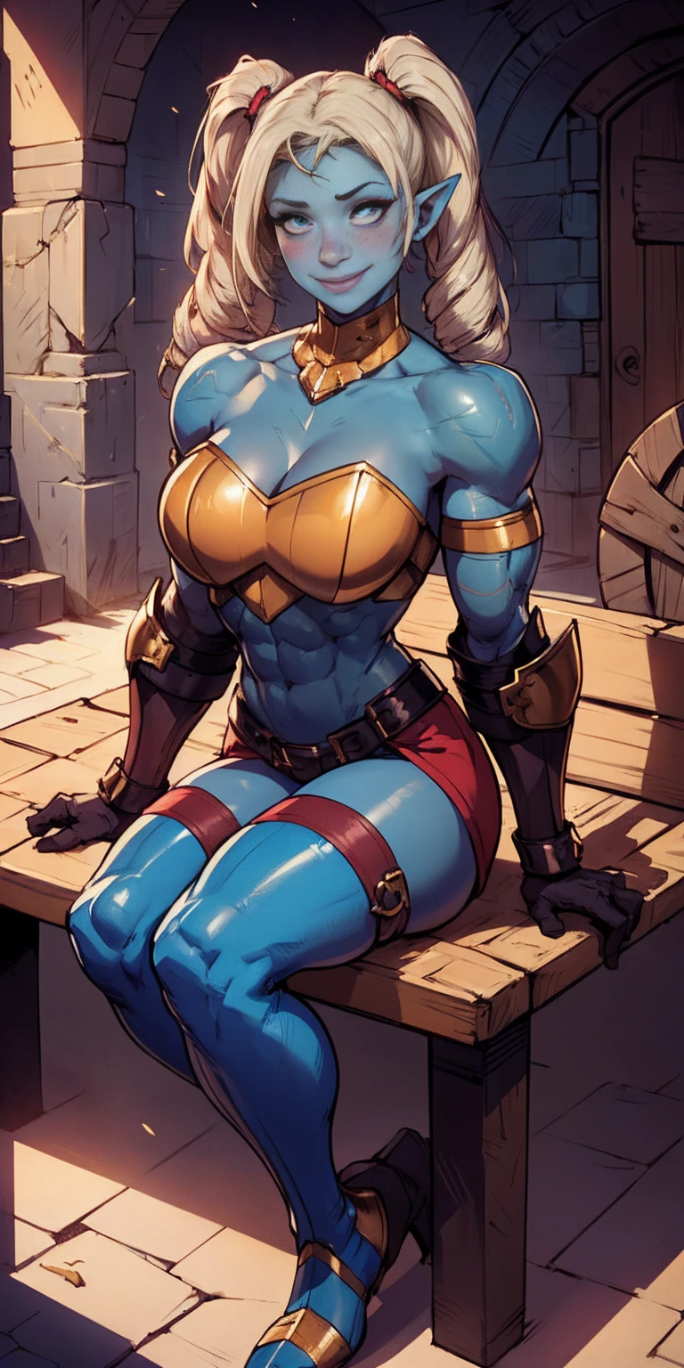 full body sitting on a bench showing ass to me, BLUE breastplate, BLUE skin (1girl)(BLUE skin:1.2), looking at viewer, shiny, armor, thigh highs, high boots, pauldrons shoulder armor, faulds, poleyn, gloves, gauntlets, rerebrace armored boots, (masterpiece, best quality, ultra-detailed, best shadow) yordle pointy ears muscular lean platinum blonde long twin-tails hairstyle at the office lustful smirking smile face red blushed, blush, strong abs, female body builder, tiara, twin drills hair