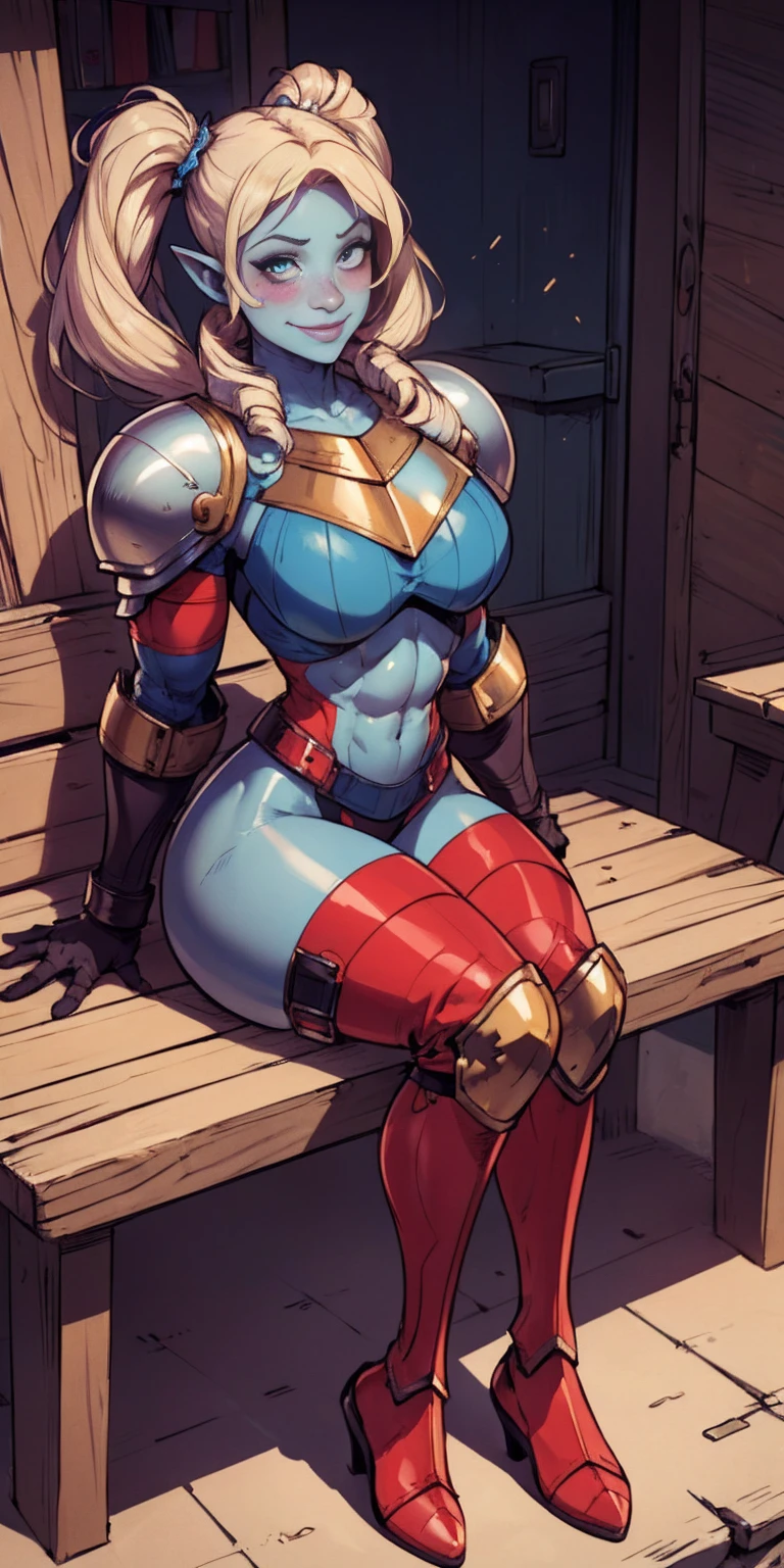full body sitting on a bench showing ass to me, BLUE breastplate, BLUE skin (1girl)(BLUE skin:1.2), looking at viewer, shiny, armor, thigh highs, high boots, pauldrons shoulder armor, faulds, poleyn, gloves, gauntlets, rerebrace armored boots, (masterpiece, best quality, ultra-detailed, best shadow) yordle pointy ears muscular lean platinum blonde long twin-tails hairstyle at the office lustful smirking smile face red blushed, blush, strong abs, female body builder, tiara, twin drills hair