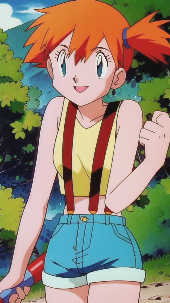 misty (pokemon), 1girl, solo, yellow shirt, sleeveless shirt, suspenders, denim shorts, outdoors,smile,looking at viewer