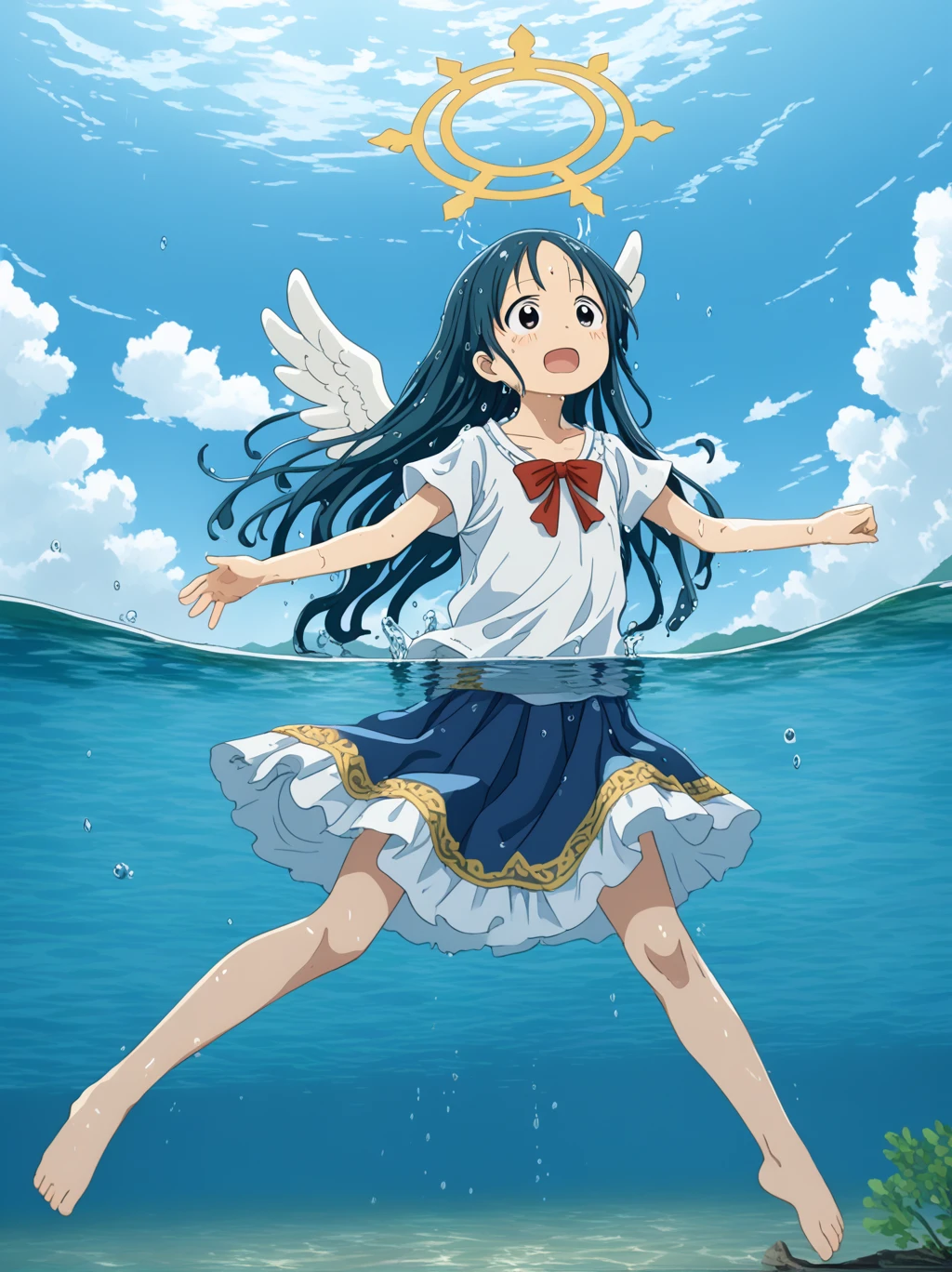 partially underwater, lakeの女神, Long Hair, Wet Hair,lake,8-year-old、Flat Chest、one piece、Above the water line from the neck、Body in water, ,The skirt flips up due to buoyancy、Angel Halo