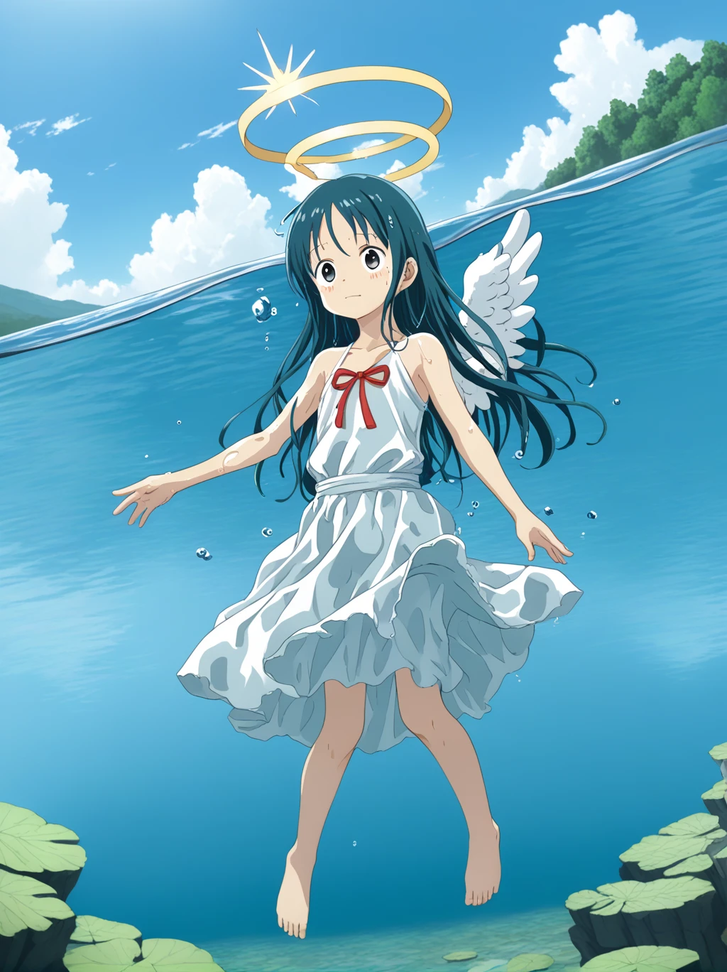 partially underwater, lakeの女神, Long Hair, Wet Hair,lake,8-year-old、Flat Chest、one piece、Above the water line from the neck、Body in water, ,The skirt flips up due to buoyancy、Angel Halo