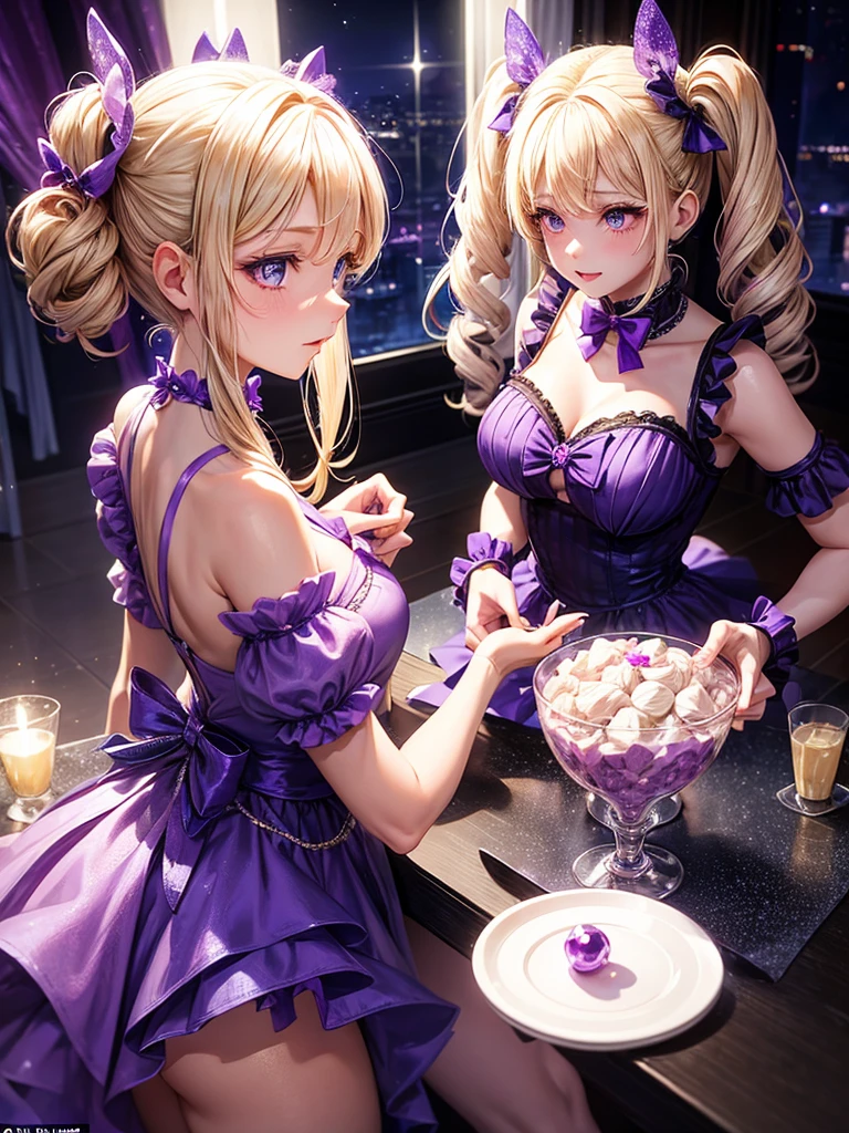 an adult woman, blonde with two pigtails with a purple bow each, purple dress with sparkles and diamonds, short and gala, with an opening in its pirrna, she has blue eyes, is at a late night dinner in a wealthy place