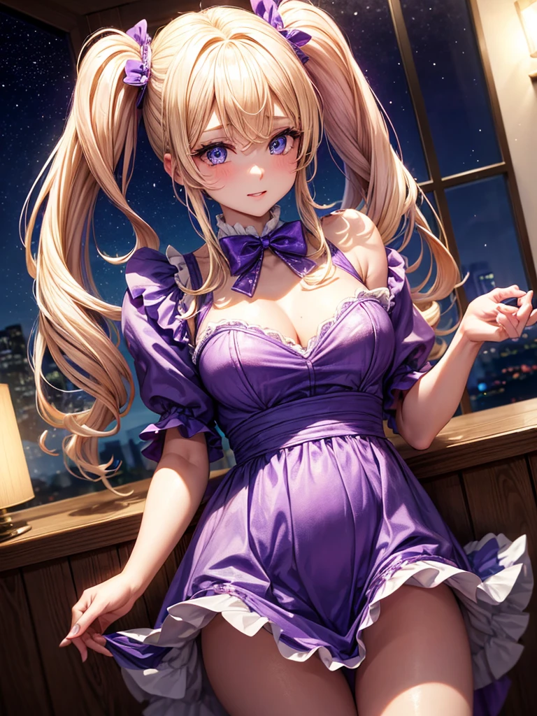 an adult woman, blonde with two pigtails with a purple bow each, purple dress with sparkles and diamonds, short and gala, with an opening in its pirrna, she has blue eyes, is at a late night dinner in a wealthy place 