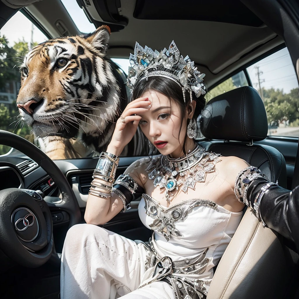 21yo girl, white hair. With tiger. In the car