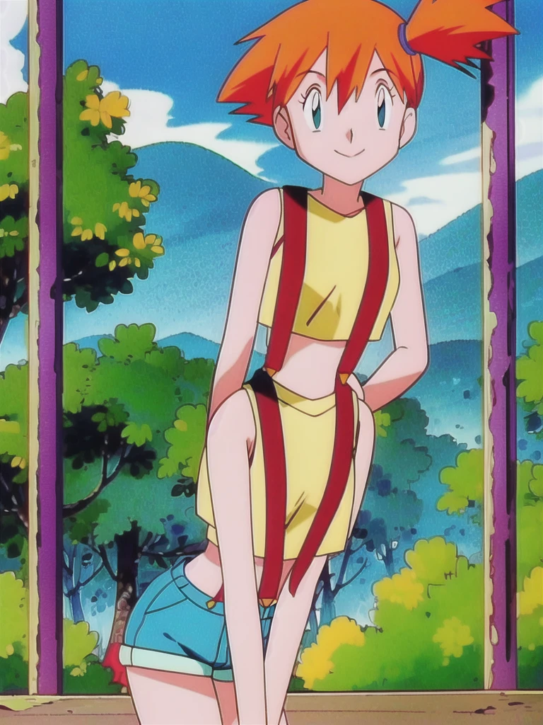 misty (pokemon), 1girl, solo, yellow shirt, sleeveless shirt, suspenders, denim shorts, outdoors,smile,looking at viewer