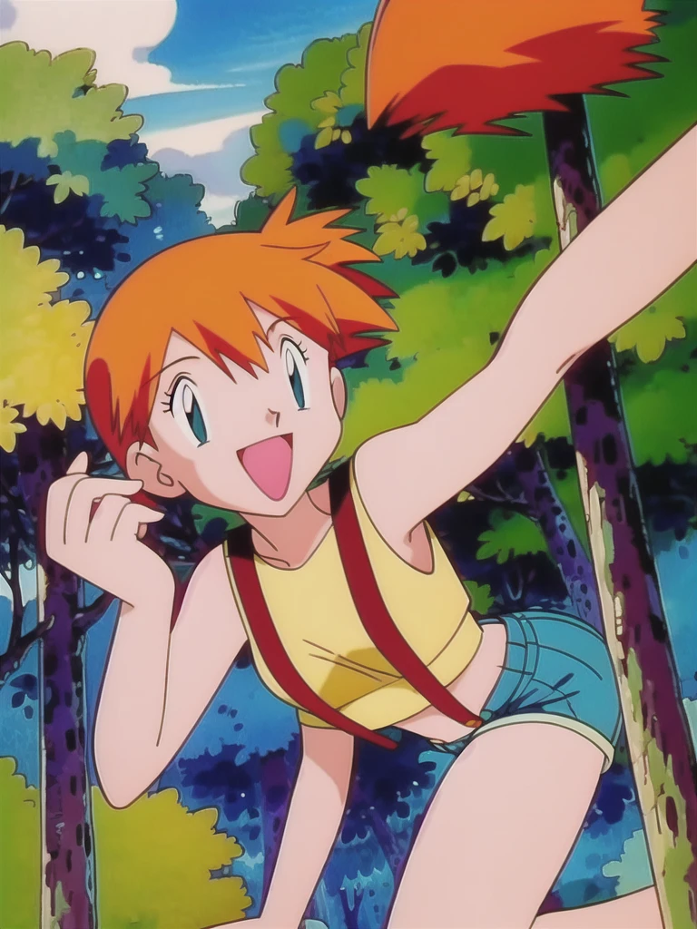 misty (pokemon), 1girl, solo, yellow shirt, sleeveless shirt, suspenders, denim shorts, outdoors,smile,looking at viewer