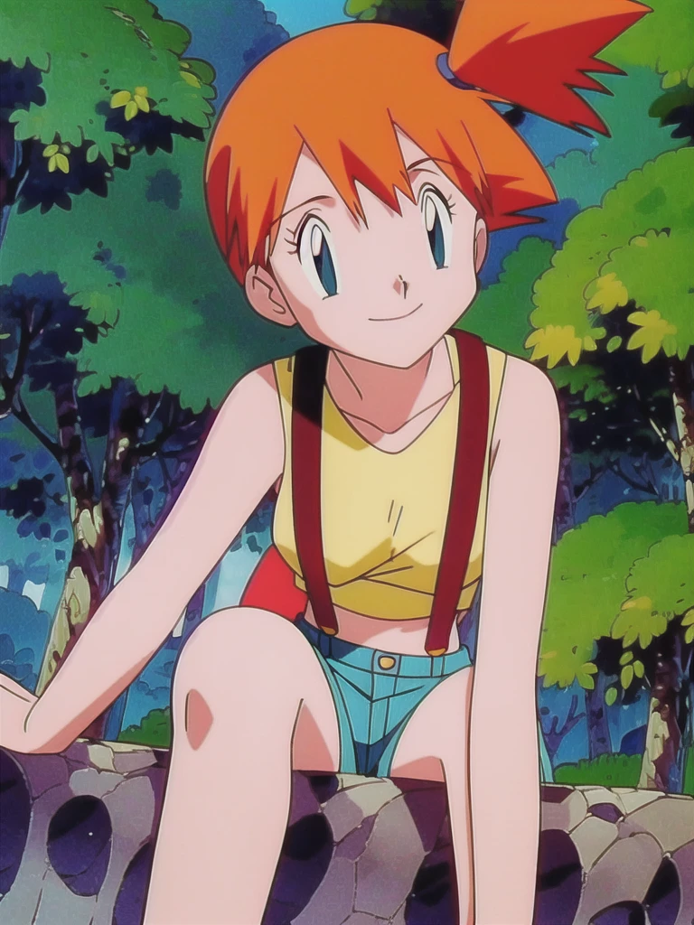 misty (pokemon), 1girl, solo, yellow shirt, sleeveless shirt, suspenders, denim shorts, outdoors,smile,looking at viewer