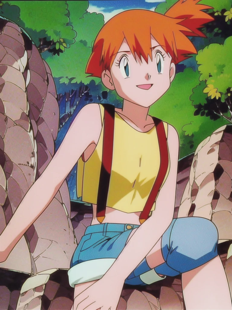 misty (pokemon), 1girl, solo, yellow shirt, sleeveless shirt, suspenders, denim shorts, outdoors,smile,looking at viewer