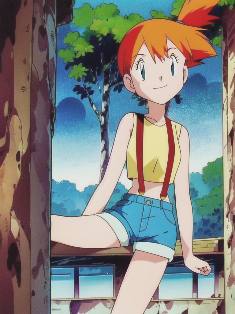 misty (pokemon), 1girl, solo, yellow shirt, sleeveless shirt, suspenders, denim shorts, outdoors,smile,looking at viewer