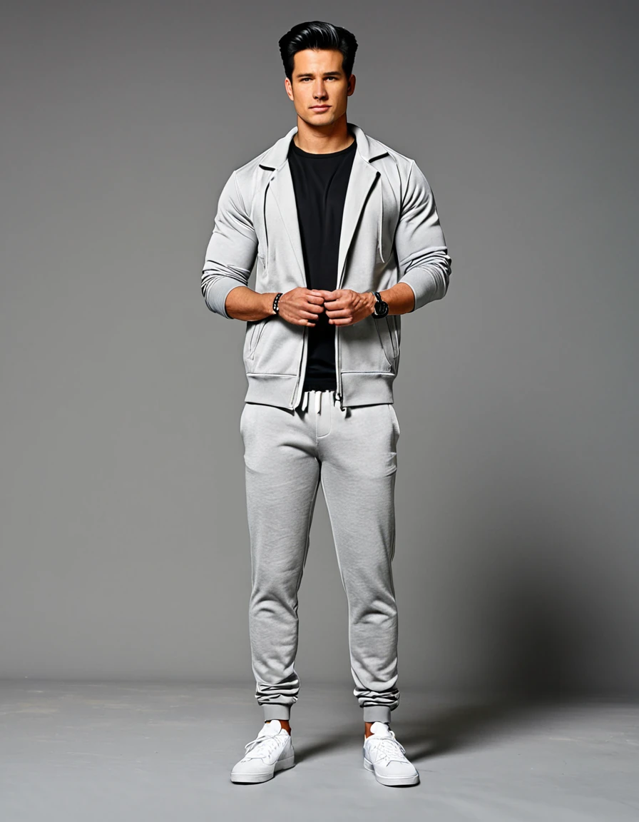 film grain,a man in a gray jacket and grey pants standing,studio background,black straight hair,scoop neckline t-shirt,gray jacket,white sweatpants