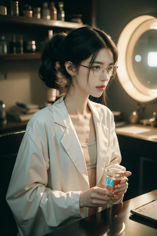 (((best quality))),(((Extremely detailed))),(((masterpiece))),illustration,((1 个beauty的女孩,Solitary)),((Slim,Thin)),((Small Breasts,flat chest)),Future Lab, ((Fashion glasses,Delicate eyes)), intelligence, White lab coat,(Short Ponytail:1.2), Flawless skin, Cyberpunk atmosphere, High-tech equipment, Dim Lights, High altitude lights, beakers, Flask, test tube, Screen, Console, terminal, Wonderland of Science, Desolate environment, Time warp, Stand still, Focus, profound scientific mystery, The secrets of the universe, beauty, bitterness, The essence of, mystery, Attractive appeal, charming, enchanting