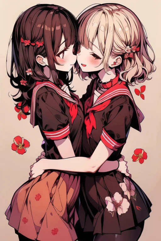 (((YURI))), (((2Girls))), ((Brown Hair Gril, Short Hair)), ((Blonde Hair Girl, Wavy Hair)), (((Two Friendly Girls:1.4))), (Hug, Holding Waist, Hold her waist.), (((Symmetrical Posture, Cheeks Touching:1.5))), Open Mouth:0.4, kiss:0.4, (((Smile))), (Half Closed Eyes),
BREAK; 
(MakeUp, Red Eyeliner), (Wavy Hair, Short Hair), ((School Uniform, Sailor Suit, Dark Brown Collar, Dark Brown Shirts, Short Sleeve, Red Neckerchief)), ((School, Dark Brown Skirt)), Brown Pantyhose, Lace:1.5, Thighs:1.2, Brown Loafers, Slender Body, (Small Breasts:1.3), Red Nails, 
BREAK; 
(8K, Best Quality, Ultra Detailliert, Highres, Absurdres, Perfect Anatomy, Masterpiece), Strong Outline, Perfect Face, Five Fingers, ((Blush)), Dutch Angle, ((Posed Photo:1.3)), ((Wide-Angle Photo:1.3)), (Floral Print:1.3), (White BackGround), (Flower BackGround:1.3), (Floral BackGround:1.3),