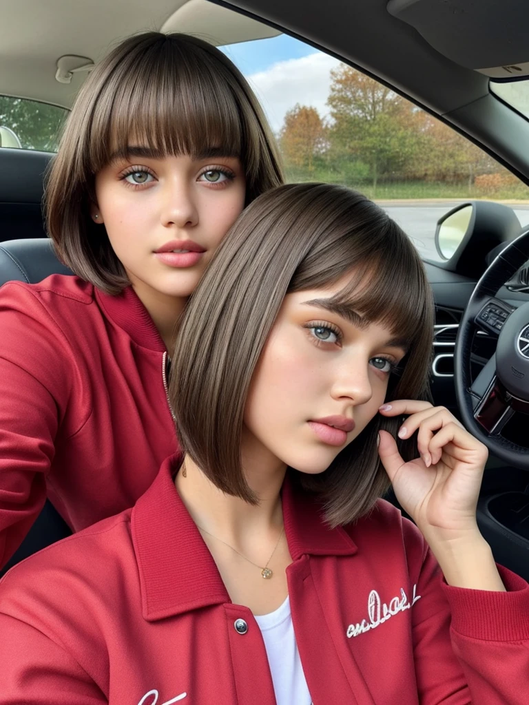 Beautiful -yeld gi named Sofia, beautiful golden eyes, large detailed eyes, MID-HEIGHT bob long haircut, mermeland lips, sexy, detailed face, university jacket, in the background a strawberry, car, parking 