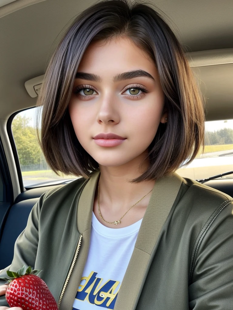 Beautiful 16-year-old girl, named Sofia, beautiful golden eyes, large detailed eyes, MID-HEIGHT bob long haircut, mermeland lips, sexy, detailed face, university jacket, in the background a strawberry, car, parking