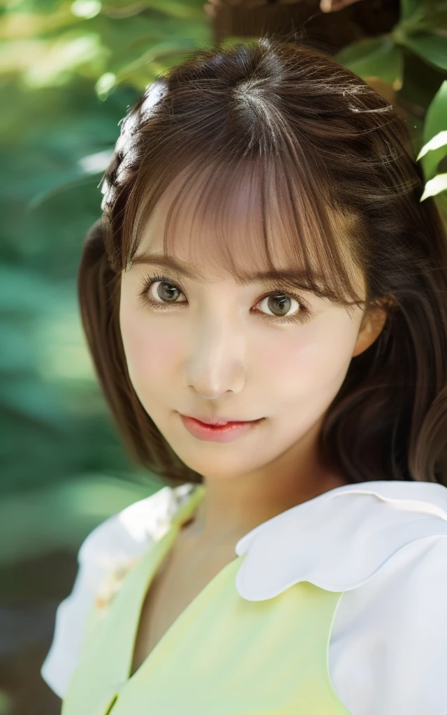 masterpiece, Best Quality, 8K, 1 girl, Japanese cute girl, in summer, forest, stream, out of focus, 18 yo, large breasts, Mouth slightly open, cute little, Solo, sad, sad, summer dress, Girly, Delicate girl, Neat and clean beauty, Raw photo, Professional Photography, Portrait, Soft light, Professional Lighting, Back lighting, Upper body, see the beholder, Sophisticated, Film grain, (Eyes and faces with detailed:1.0), short hair swaying in the wind, beautiful flowing brown hair,