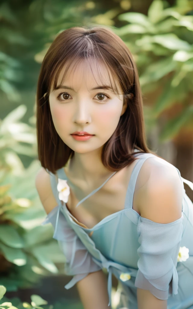 masterpiece, Best Quality, 8K, 1 girl, Japanese cute girl, in summer, forest, stream, out of focus, 18 yo, large breasts, Mouth slightly open, cute little, Solo, sad, sad, summer dress, Girly, Delicate girl, Neat and clean beauty, Raw photo, Professional Photography, Portrait, Soft light, Professional Lighting, Back lighting, Upper body, see the beholder, Sophisticated, Film grain, (Eyes and faces with detailed:1.0), short hair swaying in the wind, beautiful flowing brown hair,