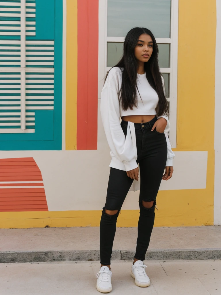 Madison Beer, her name is Jamila, high quality, 1girl, ((20-year-old fit black woman)), ((25 years old)), ((slim)), long hair, pose: standing, wearing stylish fashionable Generation-Z modern wear different colored, BACKGROUND: outside: At Bondi Beach, against a backdrop of vibrant beach art, and cafes buzz.