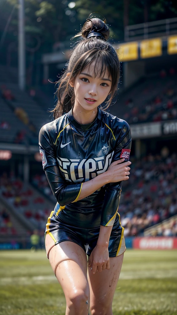 Highest quality, High resolution:1.2, Very detailed, Realistic:1.3, ((Beautiful woman))、((((Super tight uniform))))、((Super big breasts))、(The abdomen is visible)、Vibrant colors, play soccer,((Blunt bangs))、Various Hair Styles、Different hair colors、With bangs、Wet Hair, concentrate, splash, Action Shots, Grass blotches, Muddy ground, Wet turf, decide, Fast-paced games, Athletic physique, Shiny soccer ball, Wet Uniform, raindrop, Blurred motion, ボールにconcentrateする, Intense competition, Skillful dribbling, Energetic play, Teamwork, powerful shoots, Wet pitch, Passionate sports, Fierce decide, Humid atmosphere, Fluid movement, emotional expression、Dramatic lighting, Women's Sports, Avid athletes, Exciting Games, Endure, Excited state, Speed and agility, Energetic play, 濡れたsplash、smile、Red Uniform
