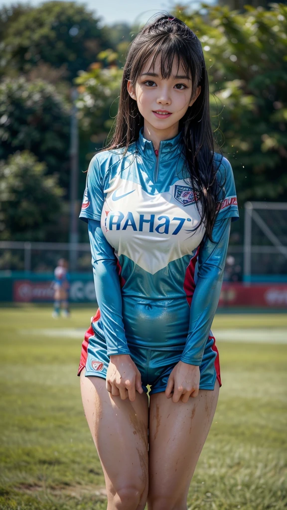 Highest quality, High resolution:1.2, Very detailed, Realistic:1.3, ((Beautiful woman))、((Super tight uniform))、((Super big breasts))、(The abdomen is visible)、Vibrant colors, play soccer,((Blunt bangs))、Various Hair Styles、Different hair colors、With bangs、Wet Hair, concentrate, splash, Action Shots, Grass blotches, Muddy ground, Wet turf, decide, Fast-paced games, Athletic physique, Shiny soccer ball, Wet Uniform, raindrop, Blurred motion, ボールにconcentrateする, Intense competition, Skillful dribbling, Energetic play, Teamwork, powerful shoots, Wet pitch, Passionate sports, Fierce decide, Humid atmosphere, Fluid movement, emotional expression、Dramatic lighting, Women's Sports, Avid athletes, Exciting Games, Endure, Excited state, Speed and agility, Energetic play, 濡れたsplash、smile、Red Uniform