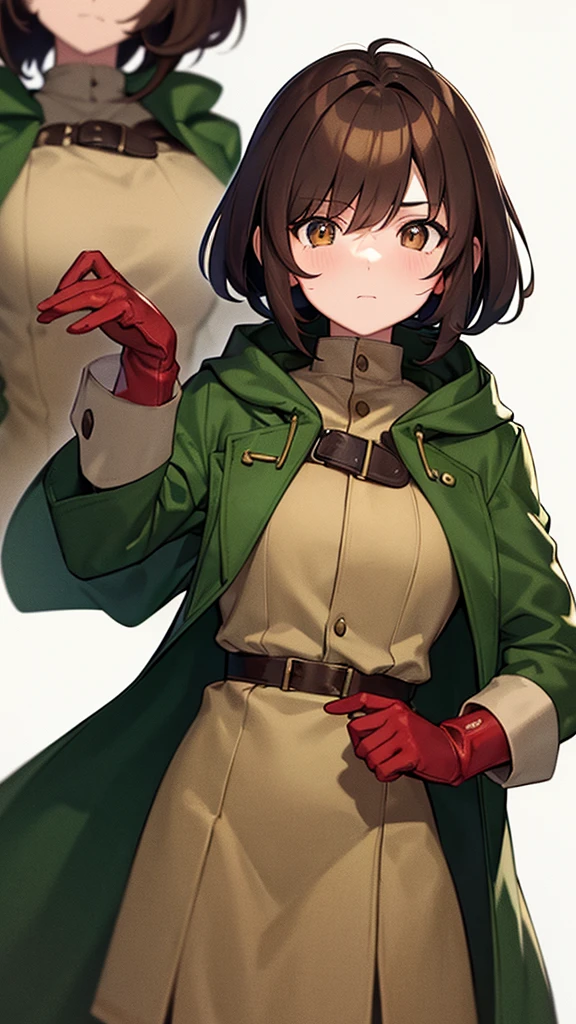 A girl character with brown hair who wears a dark green coat and a white shirt inside, wears red gloves and always wears a hood. It has round marks on both sides of the cheek