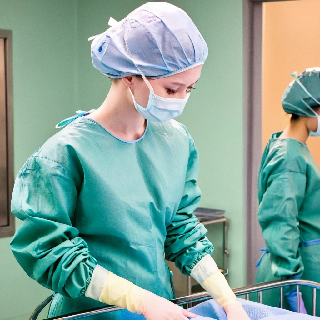 score_9, score_8_up, score_7_up, pale skin, his face showed signs of embarrassment, scrubs, surgical mask, surgical cap, long sleeve surgical gown,
1girl, , solo, rubber gloves, looking down, furrowed brow, hospital bed, standing