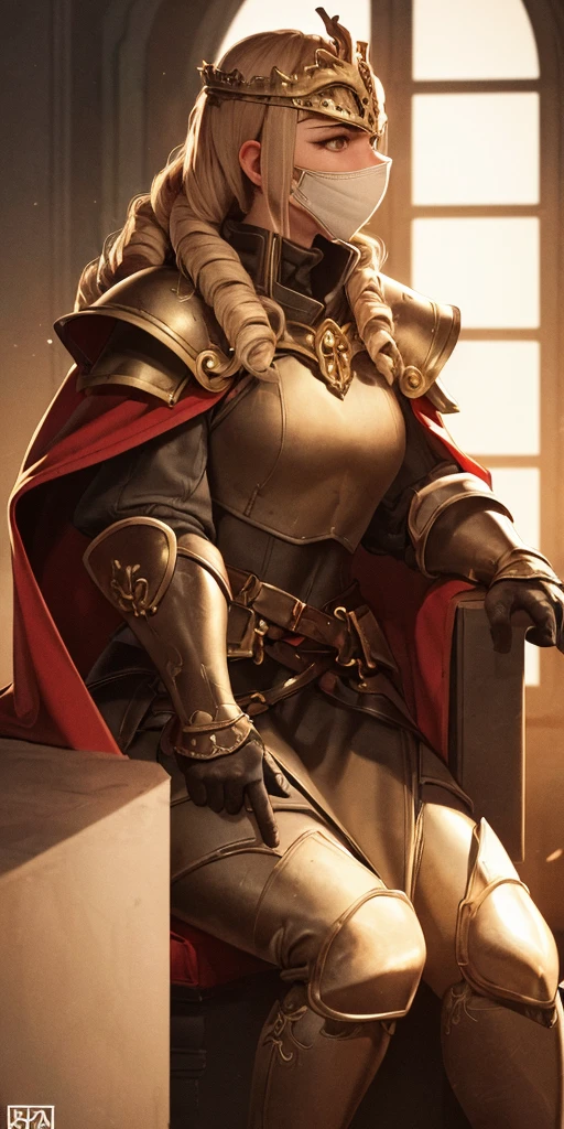 (masterpiece, best quality, absurdness, 4k, aesthetic, detailed, intricate, perfect lighting) cinematic angle, 1sologirl, sitting on throne, elbow rest, castle interior, mask, hood, cape, belt, armor, cloak, red gloves gauntlets, bkcrown