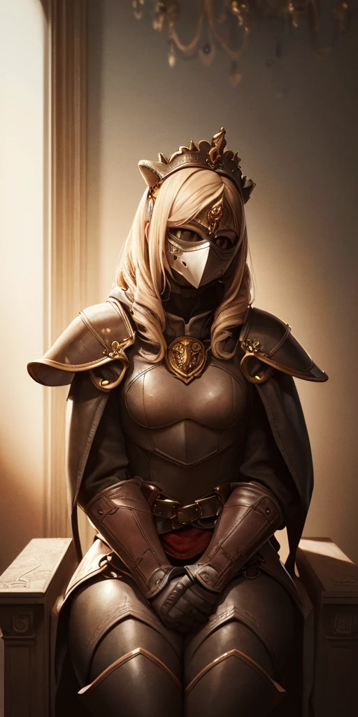 (masterpiece, best quality, absurdness, 4k, aesthetic, detailed, intricate, perfect lighting) cinematic angle, 1sologirl, sitting on throne, elbow rest, castle interior, mask, hood, cape, belt, armor, cloak, red gloves gauntlets, bkcrown