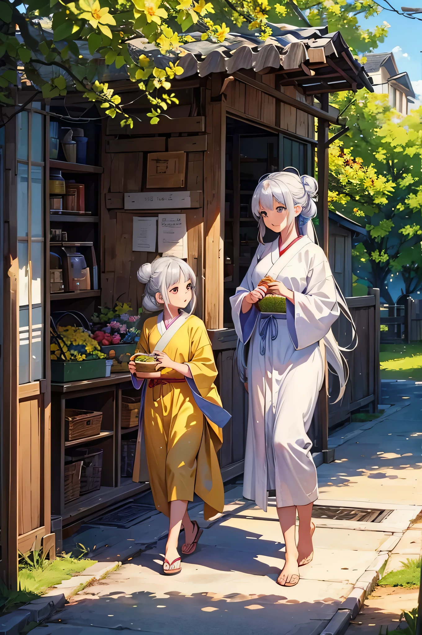 An image of the village, known for its beautiful orchards and harmonious community, with Hana’s wisdom guiding the way, and Hana with silver hair tied in a bun and wearing a simple but elegant robe. (masterpiece, hd, best quality, 2d)
