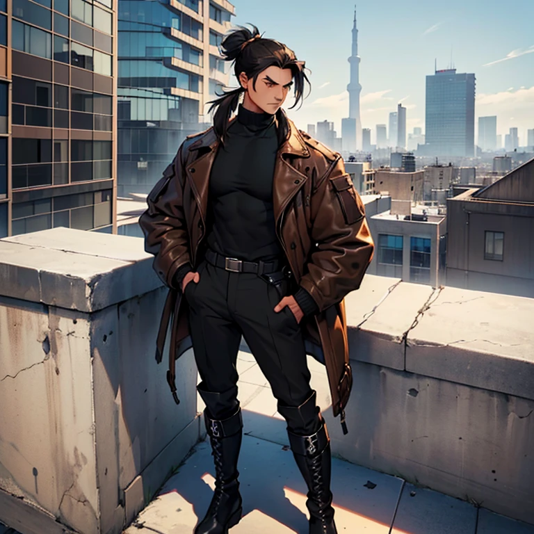 (detailed), (((normal guy))), (arab features), ((brown sheepskin jacket)), ((pelo con rulos negro ponytail hairstyle)), (calm face), ((ponytail hairstyle)), ((tall black boots)), (((whole body))), ((on top of a building)), ((male)),hands in pockets, (black turtleneck sweater), ((only one person))