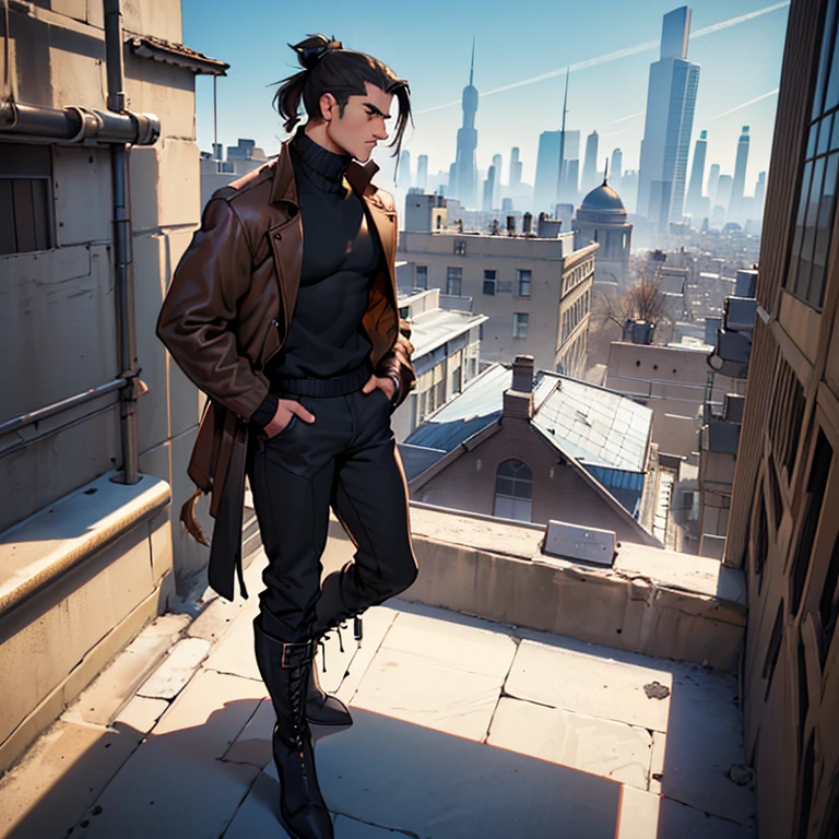 (detailed), (((normal guy))), (arab features), ((brown sheepskin jacket)), ((pelo con rulos negro ponytail hairstyle)), (calm face), ((ponytail hairstyle)), ((tall black boots)), (((whole body))), ((on top of a building)), ((male)),hands in pockets, (black turtleneck sweater), ((only one person))