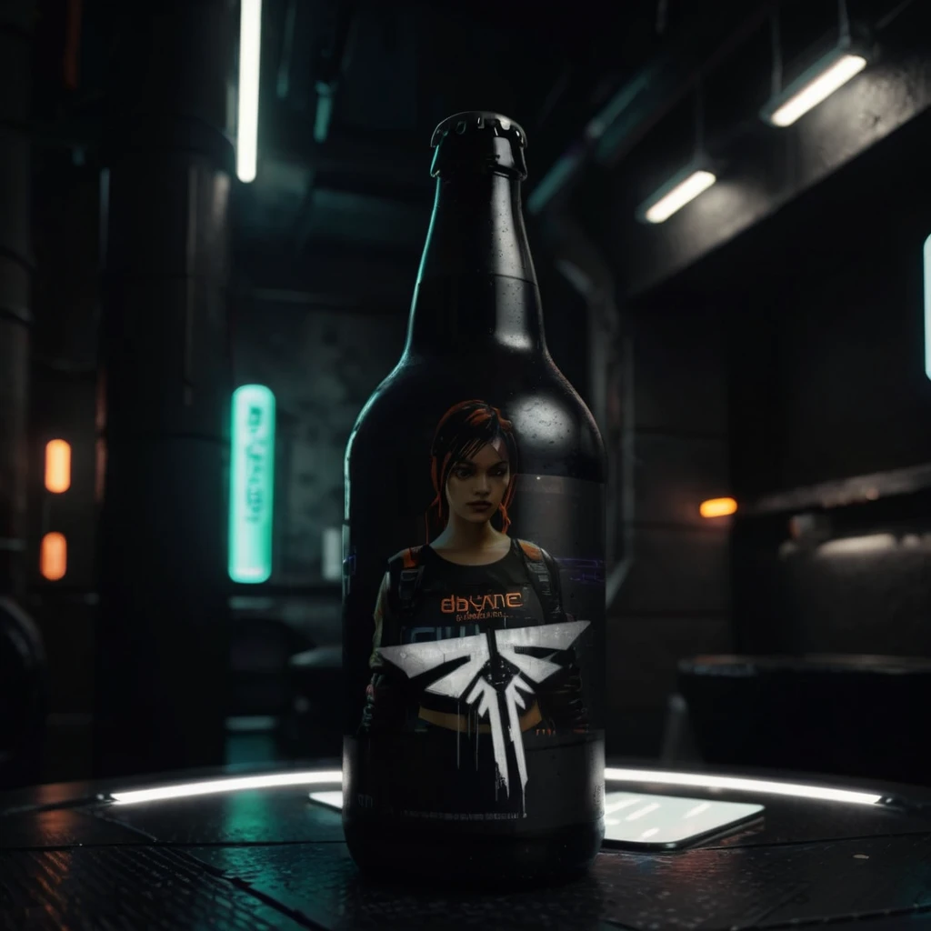 One bottle in the picture.A bottle of cyber beer presented in cyberpunk style, with characteristic elements: smooth, matte coating, decorated with bright neon luminous inserts. Design includes digital pixel patterns and abstract graphic elements, creating the effect of digital disruption and the future of the technological world. The main color of the bottle is deep purple, red, orange or green. This combination gives the product a unique cyberpunk style and modern look..