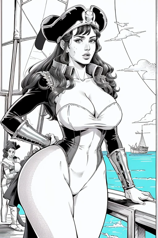 (sfw)Art inspired by John Romita Sr,pirate captain, Woman, rey, voluptuous,haughty, 17th century Spanish uniform, pistola flintlock em seu cinto, Rapier in hand, on the deck of your ship, gazing at the horizon, naval battle