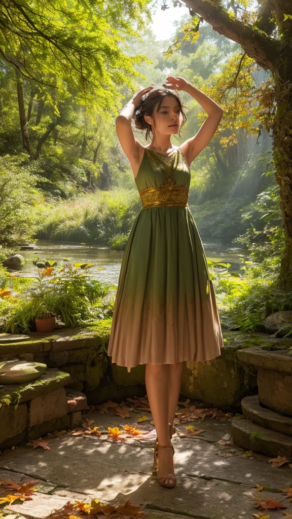 A whimsical miniature figure composed of delicately arranged autumn leaves, poised in a carefree dance on the rim of a weathered, moss-covered terracotta pot, set against a lush, vibrant forest backdrop, where dappled sunlight filters through the canopy above, casting intricate shadows. The overall aesthetic is ethereal, with warm, earthy tones of sienna, umber, and olive green, infused with hints of emerald and golden light, evoking a sense of wonder and enchantment, as if plucked from a fantastical realm.