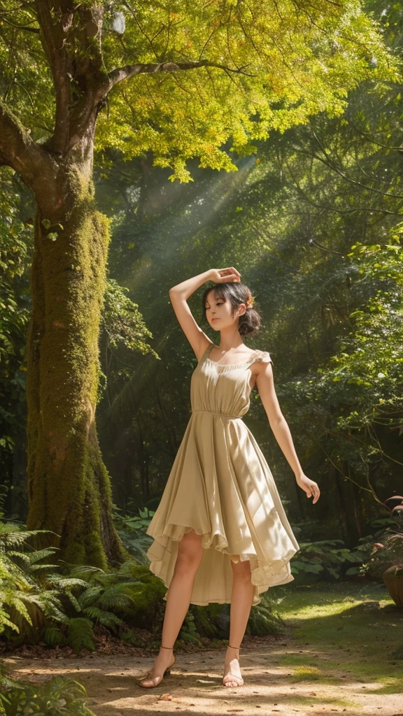 A whimsical miniature figure composed of delicately arranged autumn leaves, poised in a carefree dance on the rim of a weathered, moss-covered terracotta pot, set against a lush, vibrant forest backdrop, where dappled sunlight filters through the canopy above, casting intricate shadows. The overall aesthetic is ethereal, with warm, earthy tones of sienna, umber, and olive green, infused with hints of emerald and golden light, evoking a sense of wonder and enchantment, as if plucked from a fantastical realm.
