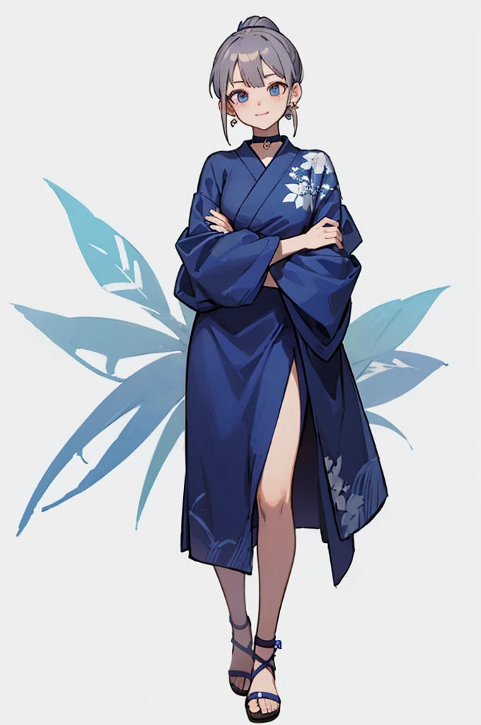 Blue Yukata、Gray Hair、Mischievous face、Choker on neck、Big earrings、Arms crossed、Only the mouth is smiling、Straw sandals、Choker on right leg、Shoulders are out(whole body、Are standing、、White background)