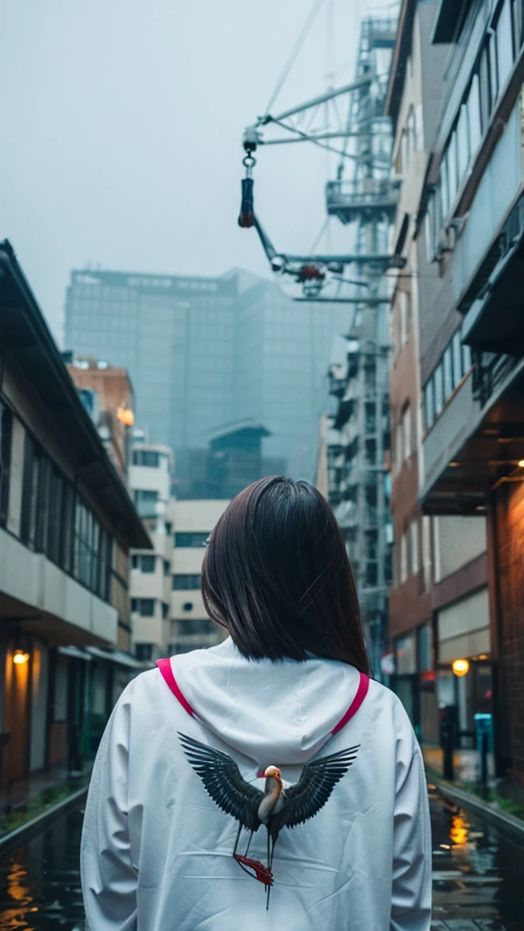 ((crane))、bird、Rainy Sky、1girl,from below