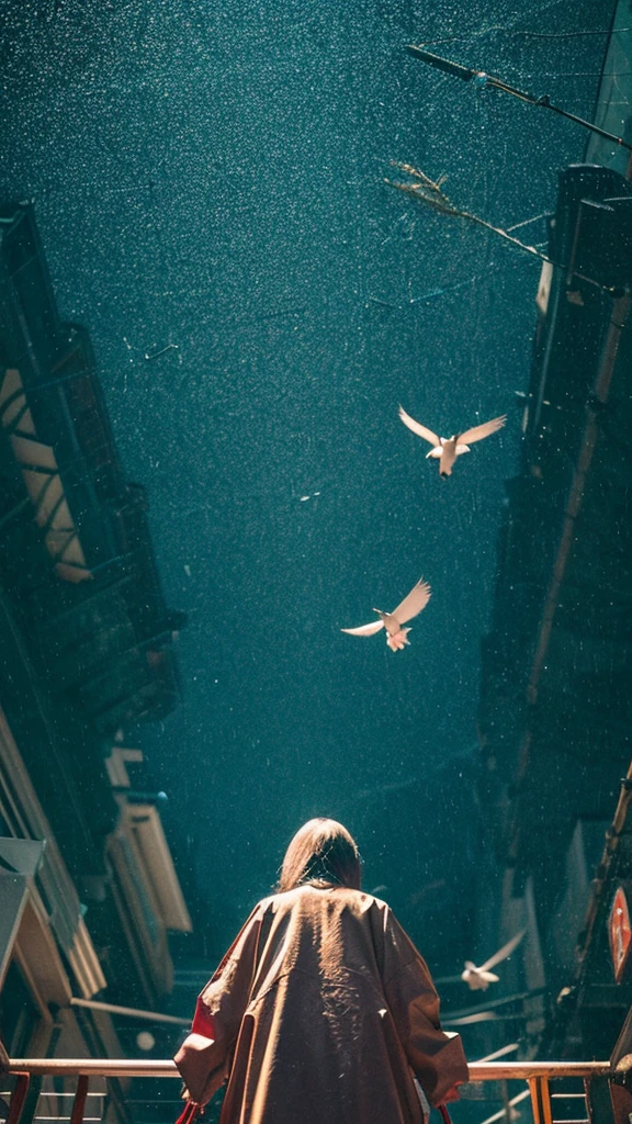 ((crane))、bird、Rainy Sky、1girl,from below