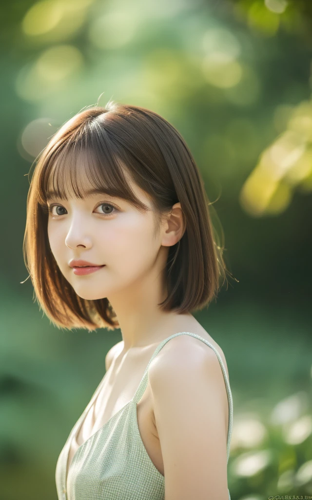 masterpiece, Best Quality, 8K, 1 girl, Japanese cute  girl, in summer, forest, stream, out of focus, 18 yo, large breasts, Mouth slightly open, cute little, Solo, sad, sad, summer dress, Girly, Delicate girl, Neat and clean beauty, Raw photo, Professional Photography, Portrait, Soft light, Professional Lighting, Back lighting, Upper body, see the beholder, Sophisticated, Film grain, (Eyes and faces with detailed:1.0), short hair swaying in the wind, beautiful flowing brown hair,
