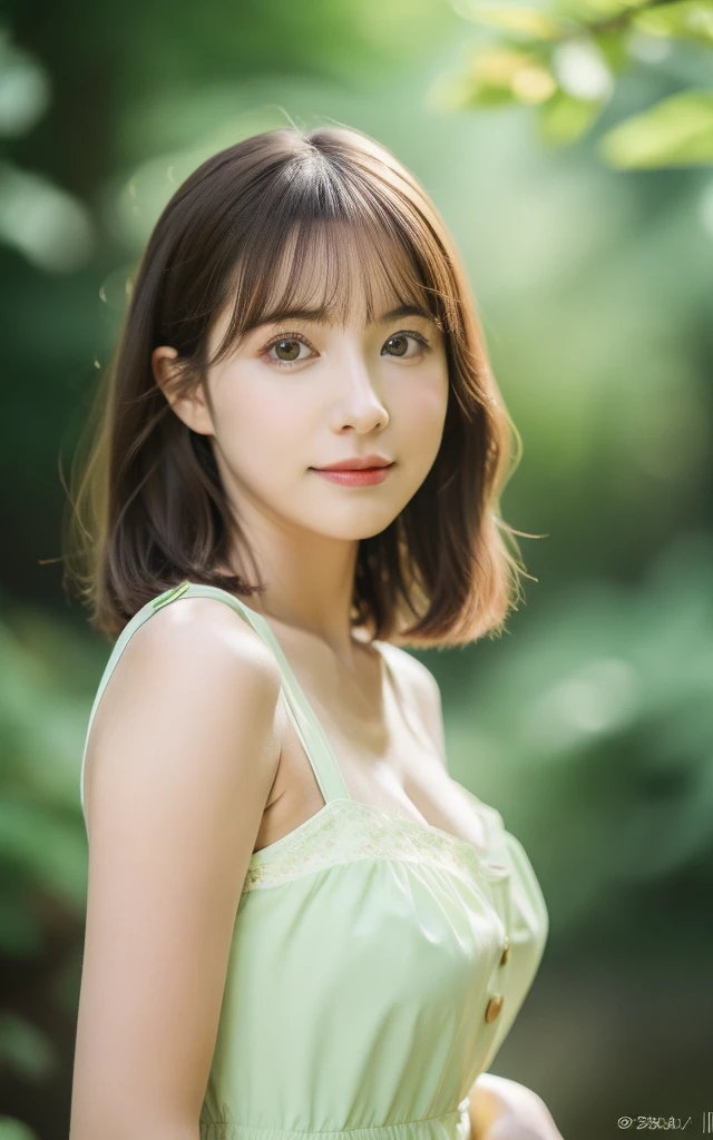 masterpiece, Best Quality, 8K, 1 girl, Japanese cute girl, in summer, forest, stream, out of focus, 18 yo, large breasts, Mouth slightly open, cute little, Solo, sad, sad, summer dress, Girly, Delicate girl, Neat and clean beauty, Raw photo, Professional Photography, Portrait, Soft light, Professional Lighting, Back lighting, Upper body, see the beholder, Sophisticated, Film grain, (Eyes and faces with detailed:1.0), short hair swaying in the wind, beautiful flowing brown hair,