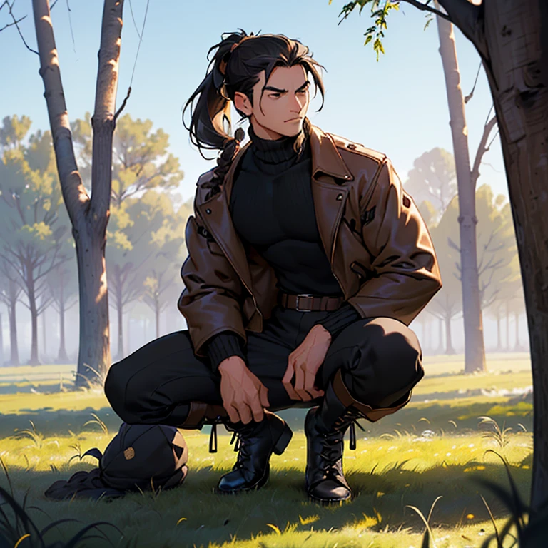 (detailed), (((normal guy))), (arab features), ((brown sheepskin jacket)), ((pelo con rulos negro ponytail hairstyle)), (calm face), ((ponytail hairstyle)), ((tall black boots)), (((whole body))), ((in the middle of a field leaning on a tree), ((male)), (black turtleneck sweater), ((only one person))
