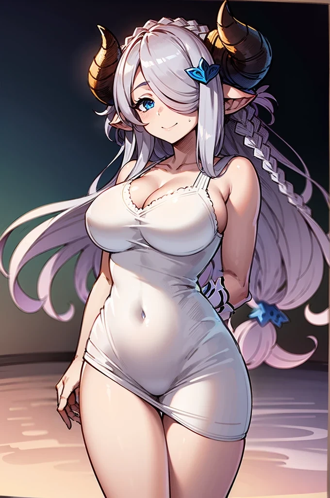 (((1 woman))), ((detailed blue eyes)), ((long silver hair)), large breasts, perfectly drawn body, narmaya, seductive smile, white nightgown, best quality, masterpiece, ultra-detailed