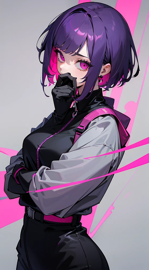 Top Quality, 8K, 4K, High Definition, Detail, (better-quality, 8K, 12), top-quality, 1 girl、only showing her face, she has purple hair, wearing a yellow pin on her right side of her hair, she has her hands together, she looking at you, she is smiling at you, medium breast, her jacket color dark gray with a pink zipper, pink eyes, showing her face and chesat, short hair long as her neck, (only showing half of her body) her jacket is loose. she is wearing earing only right ear shaped has a heart, (she holding katana) katana facing down, (katana is covering half of her face,) Katana blade covering half of her face,