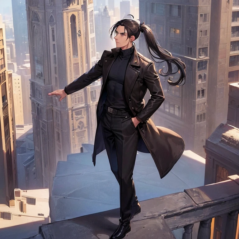 (detailed), (((normal guy))), (arab features), ((brown sheepskin jacket)), ((pelo con rulos negro ponytail hairstyle)), (calm face), ((ponytail hairstyle)), ((tall black boots)), (((whole body))), ((on top of a building)), ((male)),hands in pockets, (black turtleneck sweater), ((only one person))