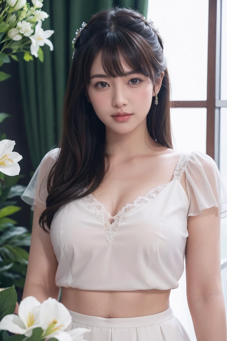 Medium Size Display, Medium Shot, Written boundary depth, bust, Upper Body, Movie angle, masterpiece, Highest quality, Very detailed, CG, 8k wallpaper, Beautiful Face, Delicate eyes, Otome, alone, smile, bangs, skirt, Formal blouse, Bouquet of lilies