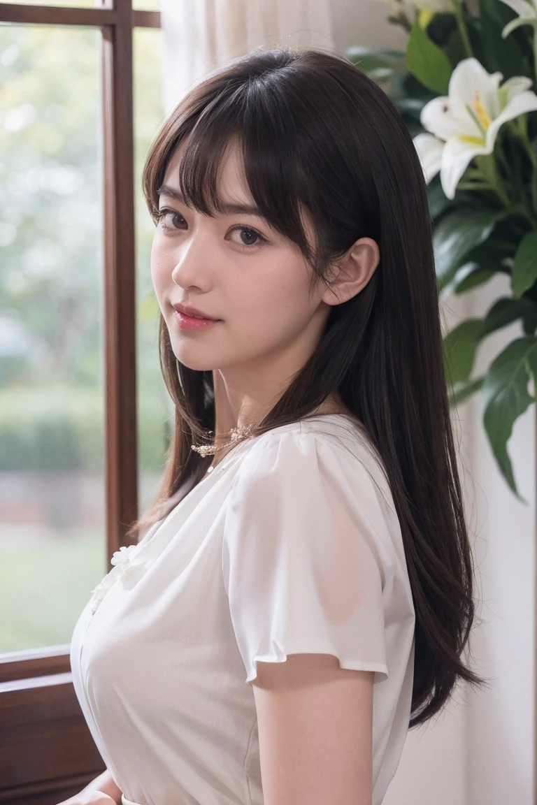 Medium Size Display, Medium Shot, Written boundary depth, bust, Upper Body, Movie angle, masterpiece, Highest quality, Very detailed, CG, 8k wallpaper, Beautiful Face, Delicate eyes, Otome, alone, smile, bangs, skirt, Formal blouse, Bouquet of lilies