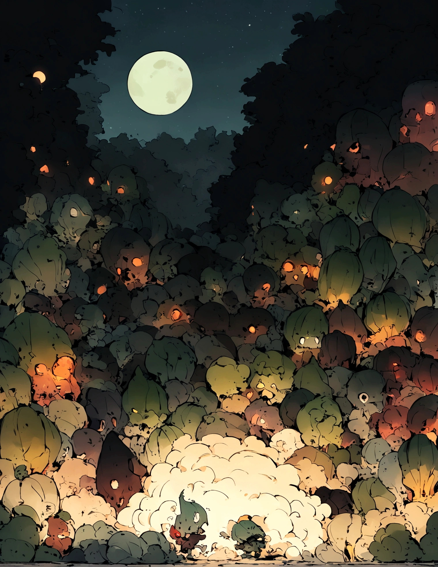 Cartoonish, (Humanoid vegetables) emerge from the garden to do battle with (shambling, half rotten human zombies), moonlit backyard
