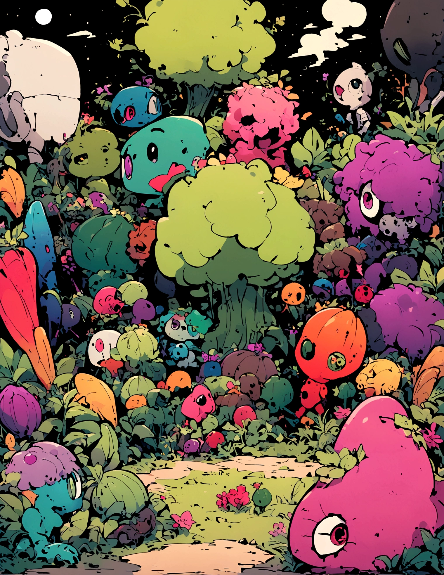 Cartoonish, (Humanoid vegetables) emerge from the garden to do battle with (shambling, half rotten human zombies), moonlit backyard