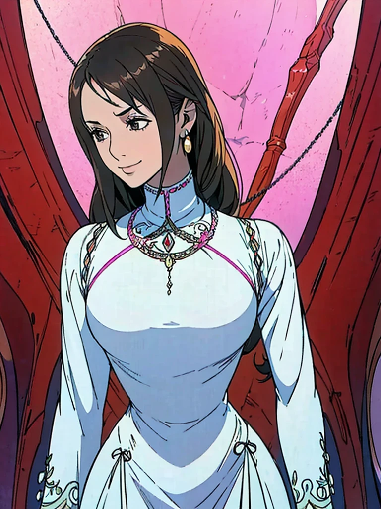 Best quality, 4k, high resolution, body stuck dress, perfect smile, gorgeous, light skin, (ichigo),ornage hair, wearing bodystuck long dress,(long sheeves), clothes are stuck in body, bodyfit outfit,1 girl, solo, seductive look, elegance and charm, (masterpiece, best quality, high resolution), looking at the viewer, standing, (intricate and beautiful:1.2), (detailed light:1.2), (soft light, side light), (high resolution textures) , holding leash in hand(chain leash), outdoor, Burmese girl,wearing bodcorn dress(white colour) with pink line ,wearing gorgeous jewelary, wearing harness over the outfit ,outdoor background, sun light, attractive, sexy, mature and hot, young,(masterpiece:1.3), (disorganized:1.3), (highest quality:1.3), perfect anatomy, detailed face, front view, perfect right hands, looking at viewer, (Super detailed:1.3), (best shadow:0.7), (treated hair), fine eyes, beautiful eyes, young aged woman, alone, standing, crystal earrings,closed_mouth, , outdoors,Thick thighs, arrogant face, small