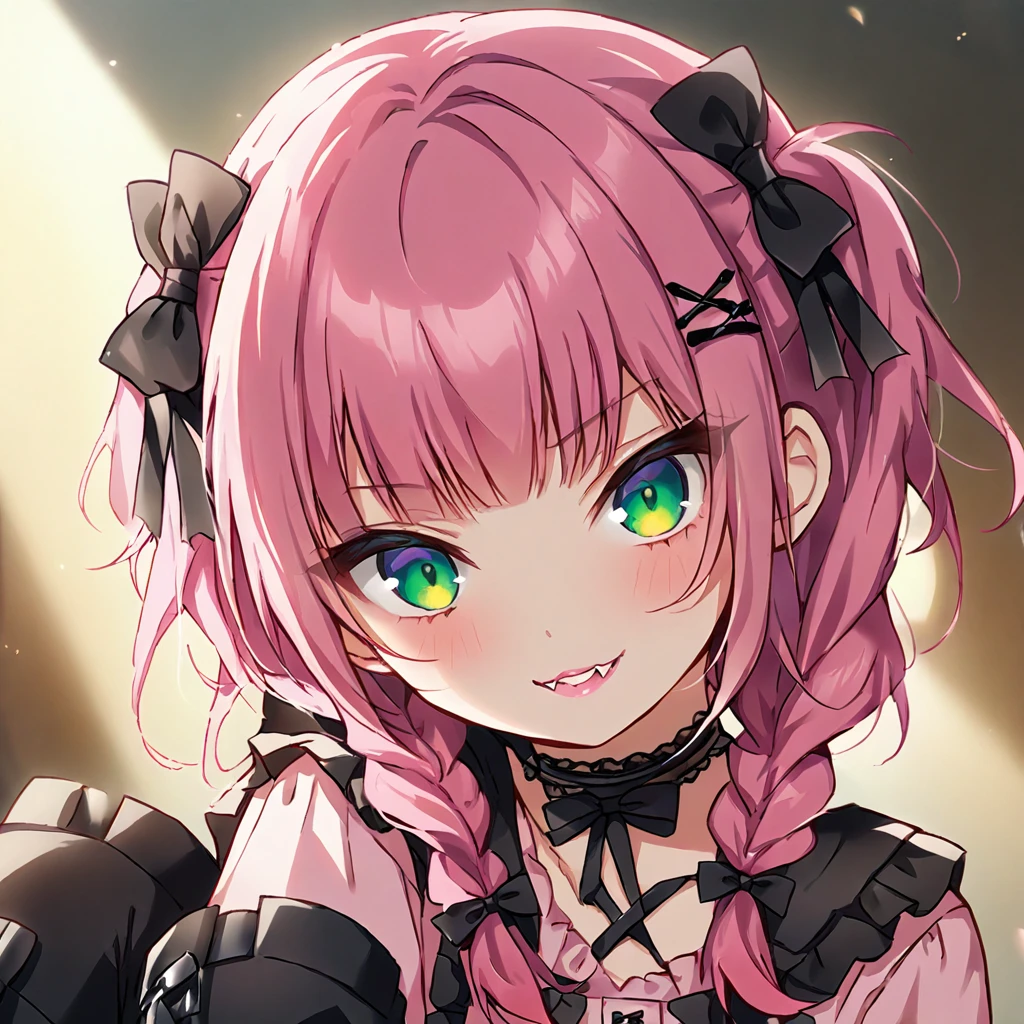 a masterpiece, beautiful eyes, a beautiful face, beautiful depiction, details, ultra detailed, 8K,kawaii, mesugaki, fangs, 
light atmosphere, (Cute a girl:1.5), (a girl with closs hair pin,
pink shirt,cosplay, jirai kei, bangs, black skirt, black bow, looking at viewer, bow, long sleeves, choker, ribbon,pink lips,Thick-soled boots,portrait  shot :1.4),boots focus,
(masterpiece:1.3), anime visual, (Lovey-dovey:1.5), (tilt head:1.3), extremely delicate face, soft clean focus, realistic lighting and shading, (an extremely delicate and beautiful art:1.3),
a girl has lavender-colored twin braids hair and green eyes, Evil smile, fangs,mesugaki,wakarase,