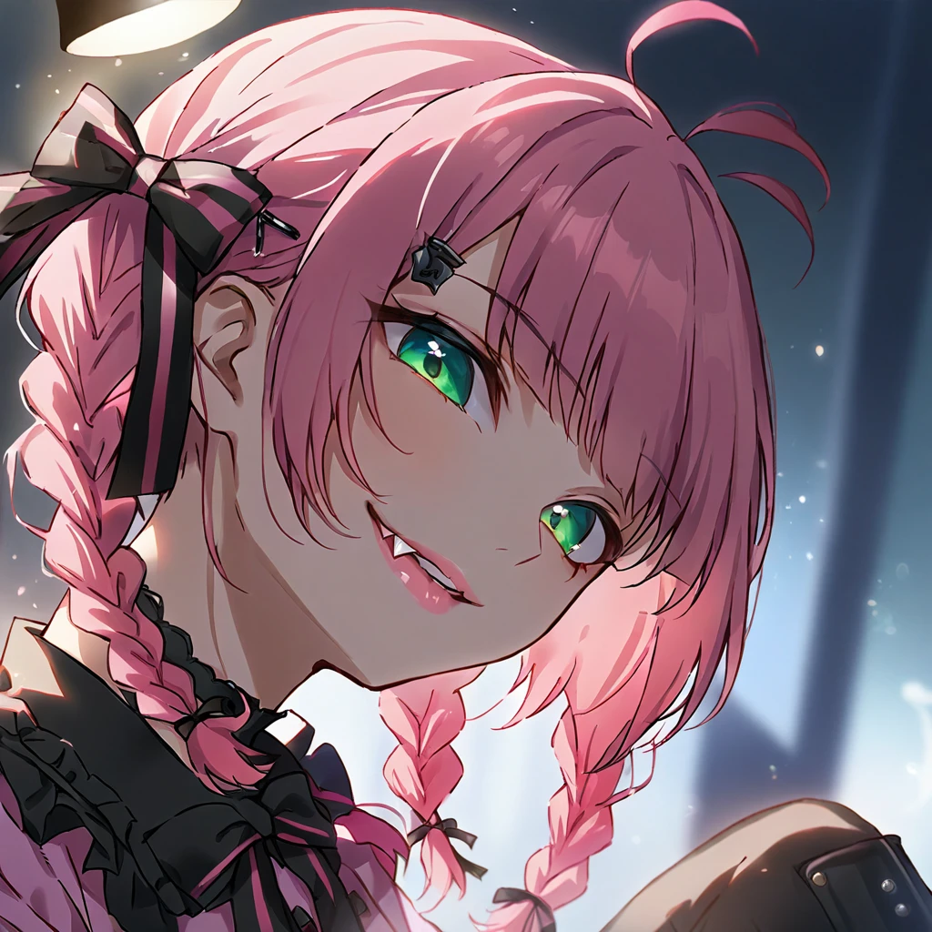 a masterpiece, beautiful eyes, a beautiful face, beautiful depiction, details, ultra detailed, 8K,kawaii, mesugaki, fangs, 
light atmosphere, (Cute a girl:1.5), (a girl with closs hair pin,
pink shirt,cosplay, jirai kei, bangs, black skirt, black bow, looking at viewer, bow, long sleeves, choker, ribbon,pink lips,Thick-soled boots,portrait  shot :1.4),boots focus,
(masterpiece:1.3), anime visual, (Lovey-dovey:1.5), (tilt head:1.3), extremely delicate face, soft clean focus, realistic lighting and shading, (an extremely delicate and beautiful art:1.3),
a girl has lavender-colored twin braids hair and green eyes, Evil smile, fangs,mesugaki,wakarase,